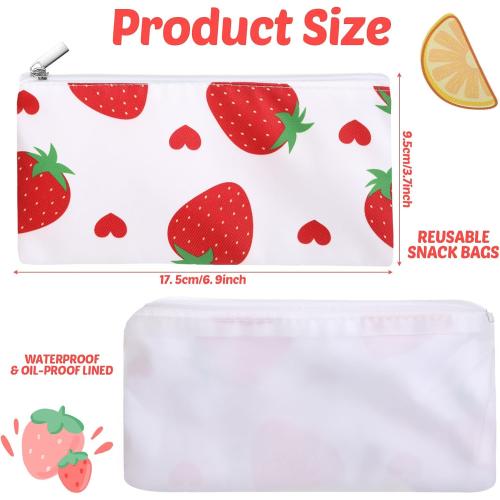 Chumia 6 Pack Reusable Snack Bags for Kids, Washable Sandwich & Food Storage Pouches, Dual-layer Silicone Lined Lunch Bags with Zipper for School & Travel(Fruit,6.9 x 3.7 Inches)