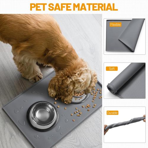 Hubulk Dog Feeding Mat,100% Waterproof Food Grade Silicone Pet Food and Water Bowl Placemat,Dishwasher, High Raised Edge to Prevent Spills,Nonslip Tray to Stop Messes on Floor (24x16x0.5, Grey)