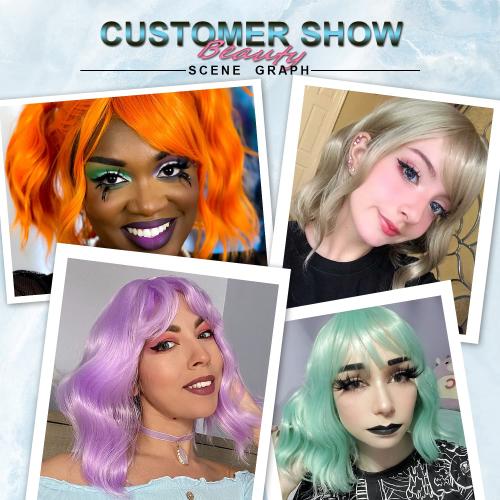 Short Bob Wigs with Bangs for Women Loose Wavy Wig Curly Wavy Shoulder Length Bob Synthetic Cosplay Wig for Girl Colorful Costume Wigs (Light Blue)