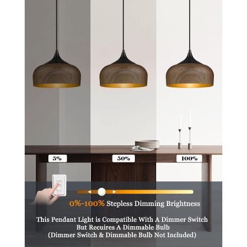 ELYONA Modern Bauhaus Pendant Light Walnut Wooden Pattern Dome Pendant Light Fixture Matte Black Metal Gold Inner Adjustable Hanging Lighting for Kitchen Island Dining Room Office Hallway Bedroom