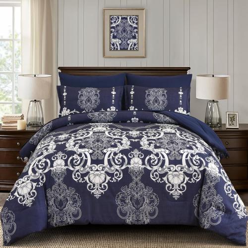 Navy Blue Comforter Set King Size, 7 Pieces Damask Bed in a Bag
