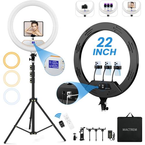 22'' Ring Light with 75'' Tripod Stand, LED Display/2 USB Ports/6500K Dimmable Ring Light for ipad Phone Holder for Tattoo Lash Live Makeup Video Recording TikTok Barber Stylist Photography