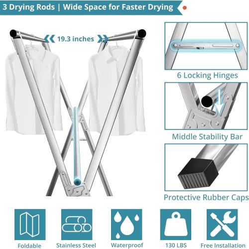 79 Clothes Drying Rack, Drying Rack Clothing Folding Indoor Outdoor | Heavy Duty Stainless Steel Laundry Rack, Foldable Portable Large Clothes Rack Garment Rack with 20 Windproof Hooks