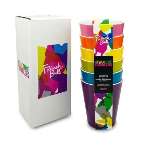 French Bull Melamine 16oz Tumblers - Colorful Assorted Set of 6, Stackable, Dishwasher Safe, BPA-free, Dringking Cups