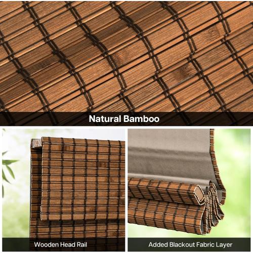 LazBlinds Cordless Blackout Bamboo Roman Shades, Room Darkening Blinds for Interior Windows, Thermal Insulated Roll Up Bamboo Blinds for Home & Patio, 29 W x 64 H, Penang Teak
