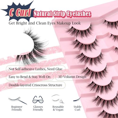 Lashes Natural Cat Eye Lashes Wispy Eyelashes 15mm False Eyelashes Wispy Lash Strips 3D Volume Fake Eyelash Thin Cotton Band Soft Eye Lash Pack 7 Pairs Siligli