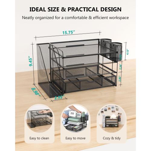 WALI Desk File Organizer, 4 Tier Desktop Paper Letter Tray Organizer with Drawer and 2 Pen Holders, Office Desk Accessories & Workspace Organizers for Office, Home Supplies(DO005DH-B), 1 Pack, Black