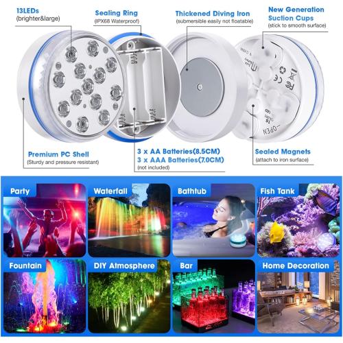 Submersible LED Lights with Remote Underwater Pool Light IP68 Magnet 13 LED Bright Lamp RGB for Pond/Pool/Aquarium