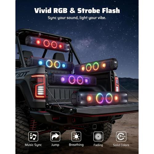 Ehaho 26'' UTV Sound Bar, Golf Cart Speaker Bluetooth with RGB Party Lights | 6-Speaker SXS SoundBar, IP66 Waterproof ATV Speaker System with EQ, Party Mode, RF Remote, AUX for Polaris RZR CFmoto Can-Am