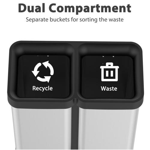GAOMON 2x5.3 Gallon Kitchen Trash Can, Dual Compartment Waste Bins, Open Top, No Lid Stainless Steel Trash Bin for Kitchen, Office, Restaurant