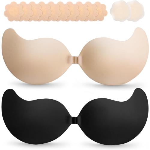 Cmojsk Strapless Sticky Push-Up Bra for Women,Adhesive Invisible Backless Nipple Covers,2 Pair Black/Beige