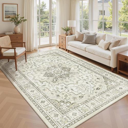 5x7 Area Rugs for Living Room,Large Washable Rug,Beige