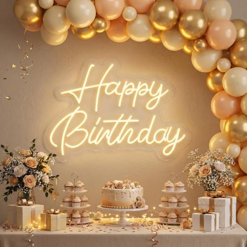 Happy Birthday Neon Sign, 22x16.9in Dimmable Warm White LED Neon Light