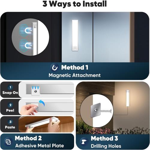 3-Pack Under Cabinet Lighting, 68LED 1800mAh Motion Sensor Lights Indoor, 3 Color Wireless Dimmable Rechargeable Battery Operated Closet Lights, Magnetic Under Counter Light Fixture for Kitchen Stair