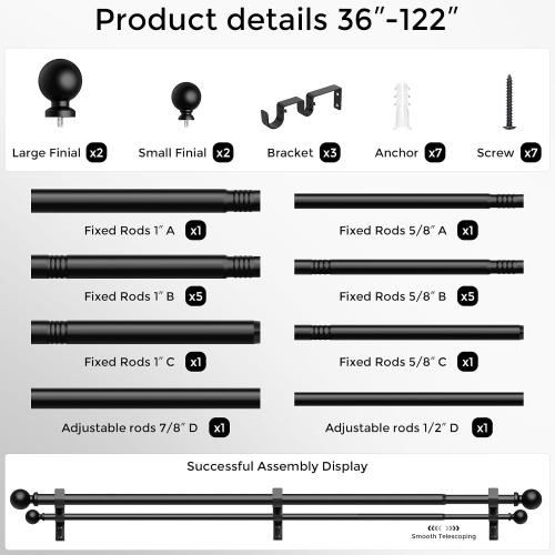 36-122 Inch Double Curtain Rod, Matte Black Heavy Duty Dual Rods
