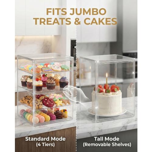 Cookie Display Stand for Bakers, Vendors, Market Booth, Craft Fair, Events | Acrylic Pastry Case with Door for Cupcake, Muffin, Donuts | 4 Tiered Cookie Display Rack with Full Angle Visibility