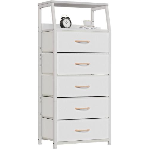 Furnulem White Dresser with 5 Drawers, Vertical Storage Tower Fabric Dresser for Bedroom, Hallway, Entryway, Nursery, Closet Organizer, Nightstand Bedside Table Furniture, Sturdy Steel Frame, Wood Top