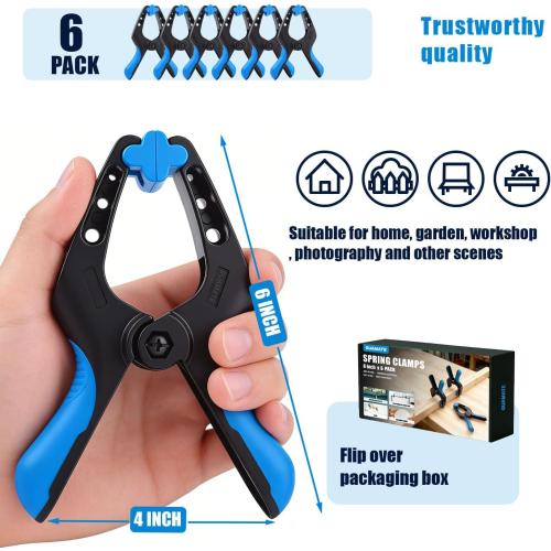 6 Pack 6 inch Heavy Duty Spring Clamps,Large Plastic Clamps,Spring Clips for Woodworking,Backdrop Stand,Pool Cover, Photography, Crafts