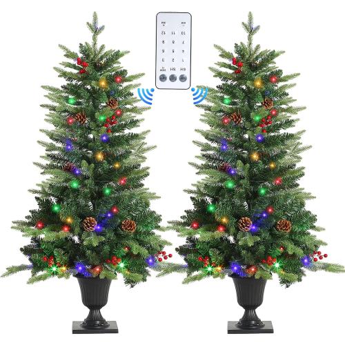 JOYHALO 2Pcs Set 4FT Outdoor Christmas Trees for Porch with 60 Remote Controlled Warm White and Multicolor LED Lights, Pre-lit Potted Christmas Tree with PVC&PE Branches
