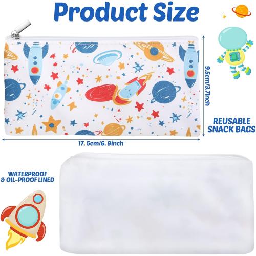 Chumia 6 Pack Reusable Snack Bags for Kids, Washable Sandwich & Food Storage Pouches, Dual-layer Silicone Lined Lunch Bags with Zipper for School & Travel(Astronaut,6.9 x 3.7 Inches)
