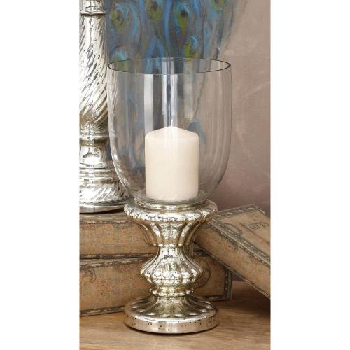 14 in. Silver Glass Handmade Turned Style Pillar Hurricane Lamp