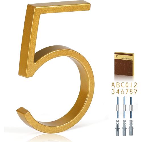 5 Inch House Numbers for Outside, Metal Address Number 5 - Modern Design, Weather-Resistant Gold Powder Coated Finish, No Fading (Gold)
