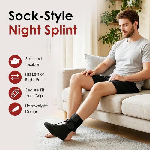 Plantar Fasciitis Night Splint Sock, Upgraded Achilles Tendonitis Brace with Massage Ball for Women & Men, Soft & Comfortable Foot Drop Night Splint for Morning Pain Relief, Small-Black