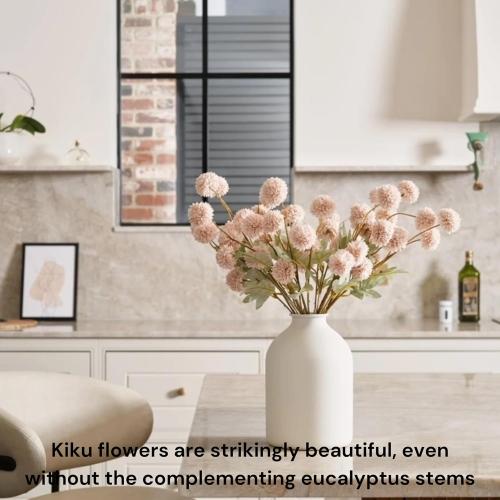 Artificial Flowers for Vase - 12 Stems Beige Faux Silk Mums with Eucalyptus
