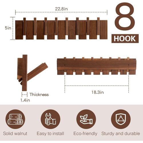 Wood Coat Rack Wall Mount, Coat Hooks Hanger Wall Mounted, Heavy Duty Wall Coat Rack with 8 Hooks for Hanging Coats/Keys/Hats/Robe&Towels/Plants/Bags, Walnut