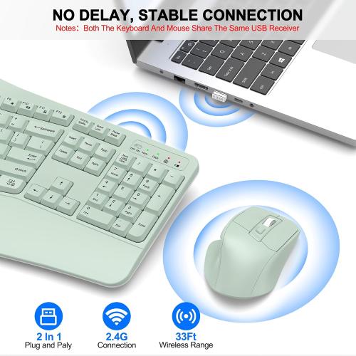 Wireless Keyboard and Mouse Combo, 2.4G Ergonomic Wave Key(Avocado Green)