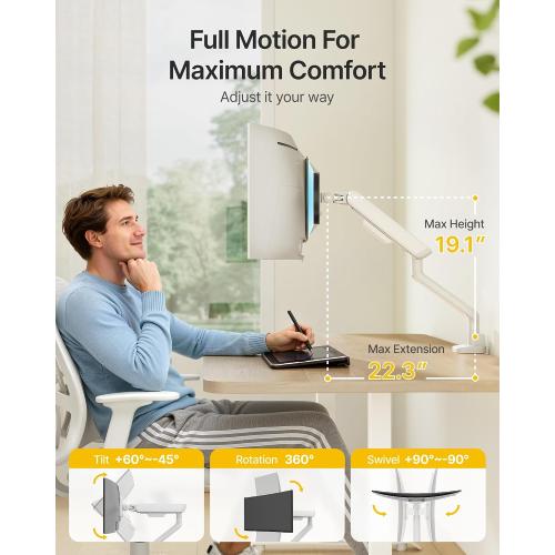 monTEK Mechanical Spring Single Monitor Arm with USB for 40in Screen White