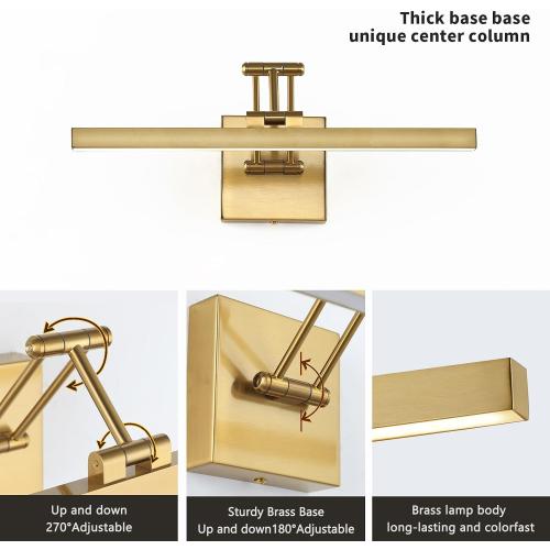 Hard-Wired Picture Light Dimmable LED Picture Lights for Paintings 15.7 Inch Brass Metal Body Wall Pictures with Adjustable Gold Swing Arm Art Display Lamps 7W 3000K Warm White Book Light