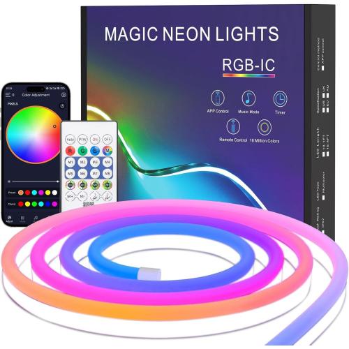 3.28Ft RGB IC LED Neon Rope Lights, USB Powered Music Synchronized Flexible LED Strip Lights, App/Remote Control Waterproof LED Neons Light, Used for Bedroom, Gaming, Party, Indoor and Outdoor.