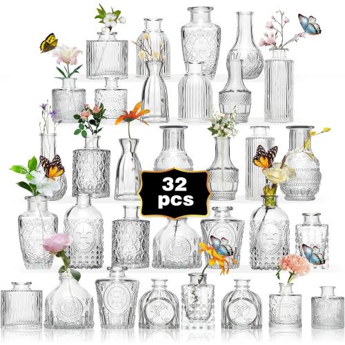 Glass Bud Vase Set of 32PCS Wedding Centerpieces for Tables,Mini Clear Bud Vases for Flowers,Small Flower Vases Suitable for Birthday Party,Anniversary,Wedding,Baby Shower (Clear, 32PCS)