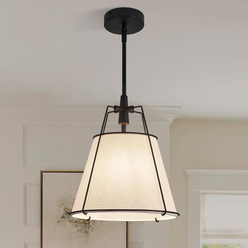 Modern Pendant Light Fixtures with 12 White Linen Fabric Shade, Adjustable Hanging Light Fixture,Drum Black Vintage Chandelier for Kitchen Island Bedroom Dining Room Foyer Entryway