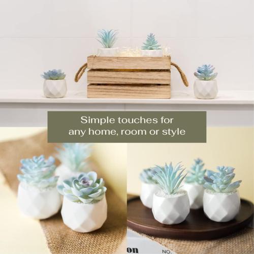 VIVERIE Mini Blue Artificial Succulent in Pots (White Ceramic, 4 Pot Set) Fake Plants for Indoors, Office Decor Blue Gift for Women, Office Home Decor Gifts-Faux Plant