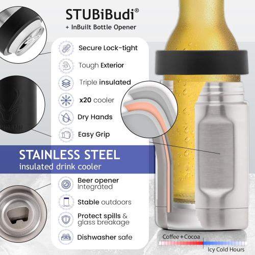 OAKMANN Stainless Steel Beer Cooler With Bottle Opener, Vacuum Insulated Can Cooler 12 oz for Bottles Cans, 4-in-1 Universal Insulator Coozy for Bottles Cans, Best Beer Gifts for Men (Black)