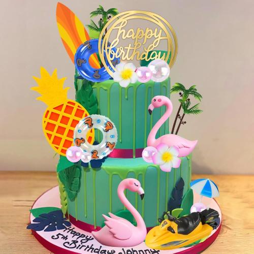 DRWATE Flamingo Cake Toppers Summer Cake Decorations Pineapple and Hibiscus Flower Yacht Surfboard Cake Toppers for Tropical Hawaiian Beach Luau Themed Party Supplies (Style 01)