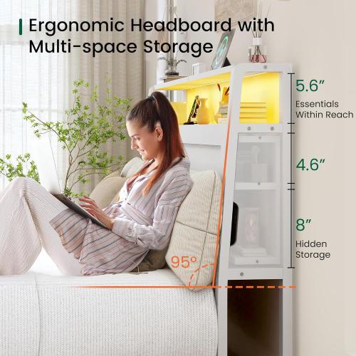 LARMACE Queen Bed Frame with Storage, LED Light and Charging Station, White