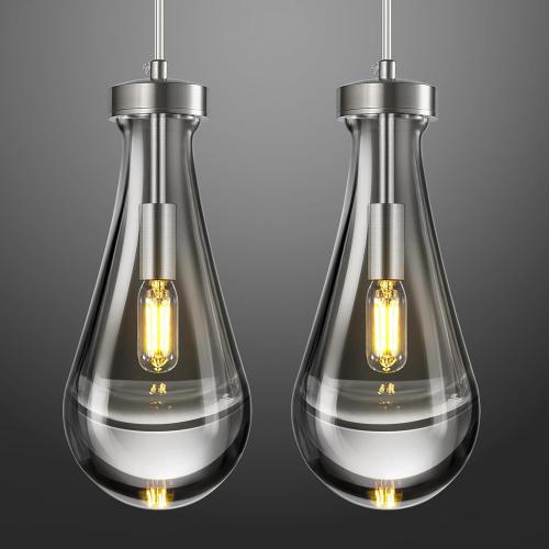 Raindrop Pendant Lights Kitchen Island Teardrop Nickel Hanging Light Fixtures Clear Solid Glass Pendant Light Modern Chandeliers for Dining Room Porch Corridor Living Room(2-Pack)