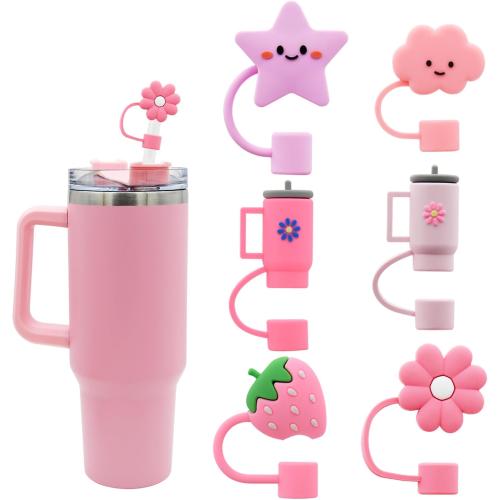 Cover Cap for Stanley Cups, Topper Compatible with 30 & 40 Oz Tumblers, Reusable Dust-Proof Silicone Lids, Drinking Straw Covers, 6pcs All Pink