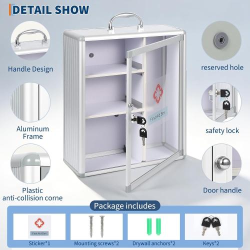 Garvee Large Lockable Medicine Cabinet with Handle,Protable First Aid Cabinet Wall Mount with Sticker for Bathroom,13.78×5.51×16.53,Sliver