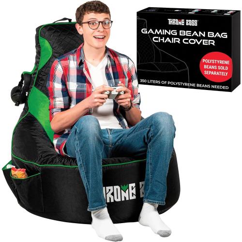 Throne Boss Gaming Bean Bag Chair Cover for Adults with High Back, Green – Large Floor Gaming Chair Cover, Easy to Clean Fabric, Large Pockets, Headphone Hanger, Requires 350 Liters Polystyrene Beans