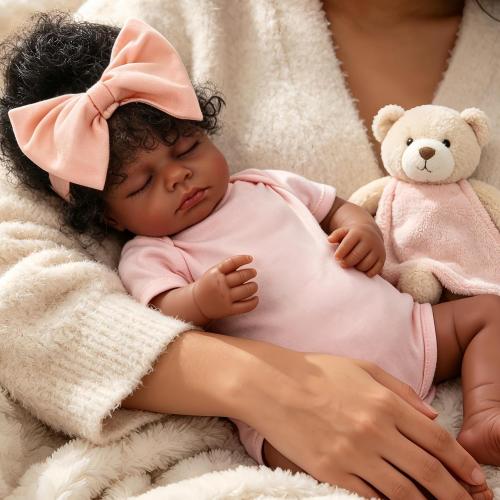 18 Inch Realistic Black Reborn Baby Doll Closed Eyes – Lifelike African American Sleeping Baby Doll with Hand-Rooted Curly Hair & Soft Cloth Body, Realistic Newborn Gift for Kids and Collectors