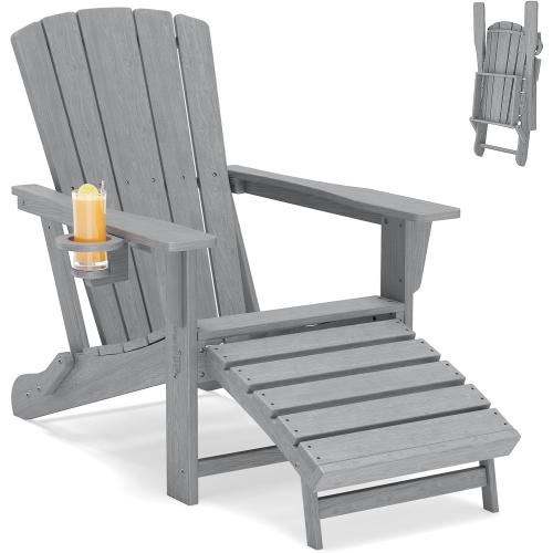Folding Adirondack Chair with Retractable Ottoman,HDPE Outdoor Adirondack Chair with Cup Holder,All-Weather Lounge Chairs for Outside,Patio,Pool,Fire Pit,Grey
