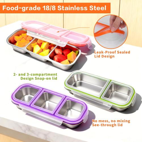 4 Pack Stainless Steel Snack Containers with Lids 3 Compartments