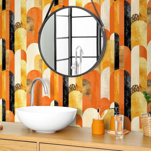 Livelynine 17.5x276 Bright Funky Peel and Stick Wallpaper Geometric Retro Orange Black Gold Yellow Wall Paper Renter Friendly Arched Vinyl Covering Watercolor Funky Pattern Contact Paper for Cabinets