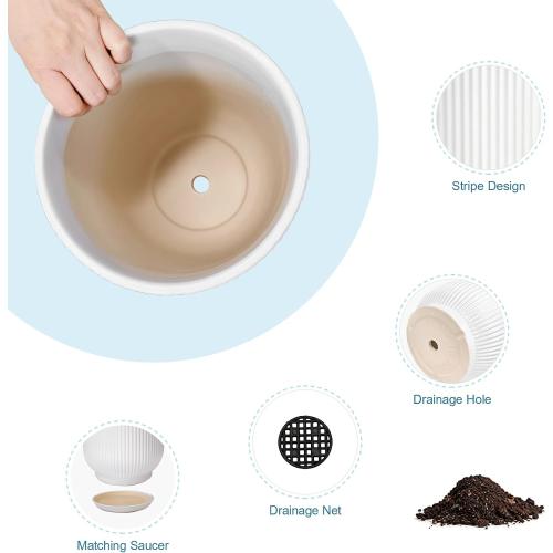 Deep Dream 12 Inch Ceramic Pots for Plants, Heavy Plant Pot for Indoor Outdoor Plants, Large Plant Pot with Drainage Hole and Saucer, Modern Tall Flower Pot, Gifts for Plant Lovers, White