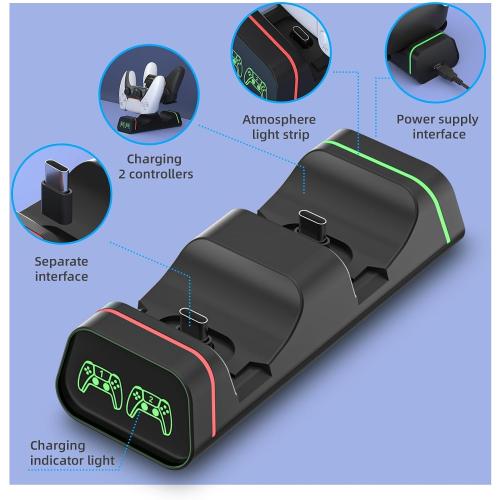 Controller Charging Dock for Switch Pro & Switch 2 Pro Controller, PS5 Controller, Xbox Series X|S & Elite 2, 2-Port LED Charging Station (Not for PowerA/3rd-Party Pro), 5V2A Recommended
