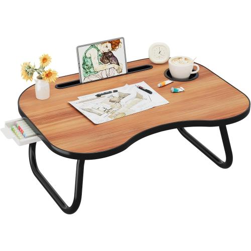 Lap Desk for Laptop Bed Trays for Eating and Laptops Breakfast in Bed Laptop Stand TV Trays for Bed with Cup Holder/Drawer for Sofa/Couch Portable Foldable (Black Walnut, L(23×16) Drawer)